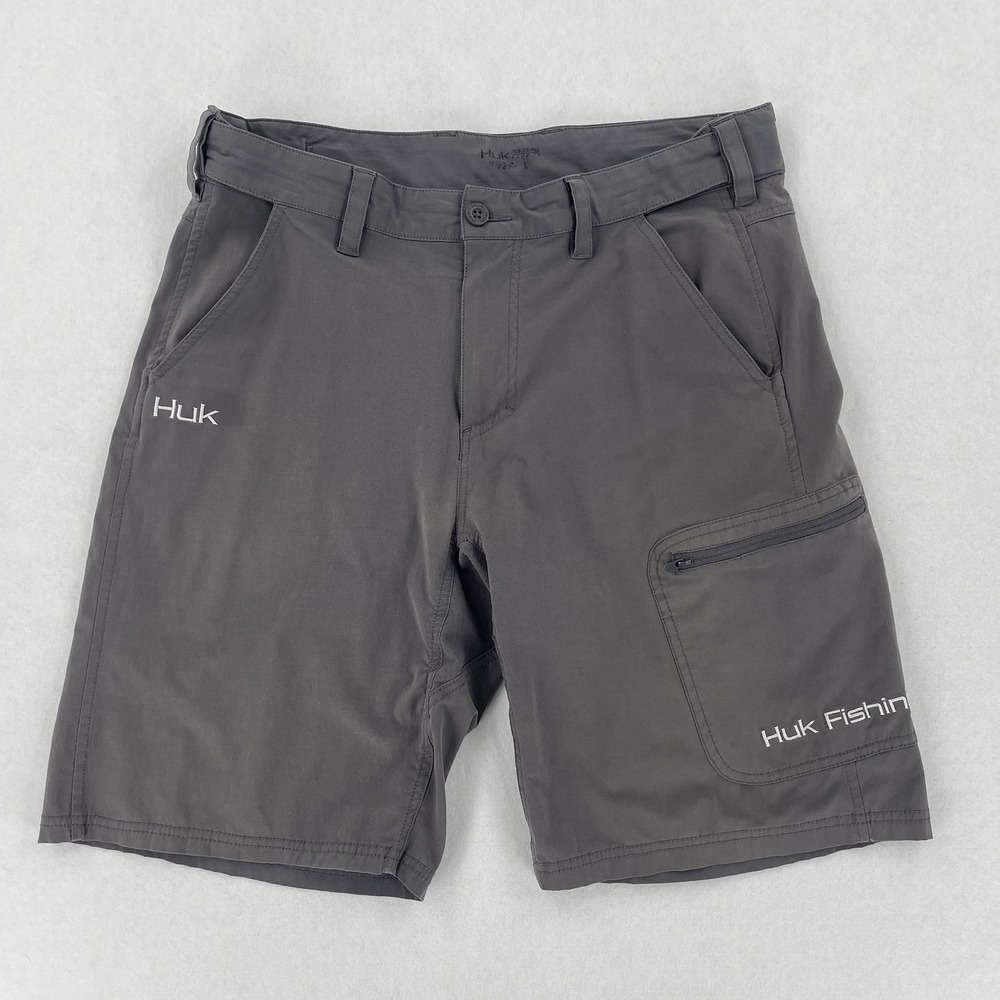 Huk Next Level Fishing Shorts Mens L Gray Stretch Cargo Utility 10" Outdoor